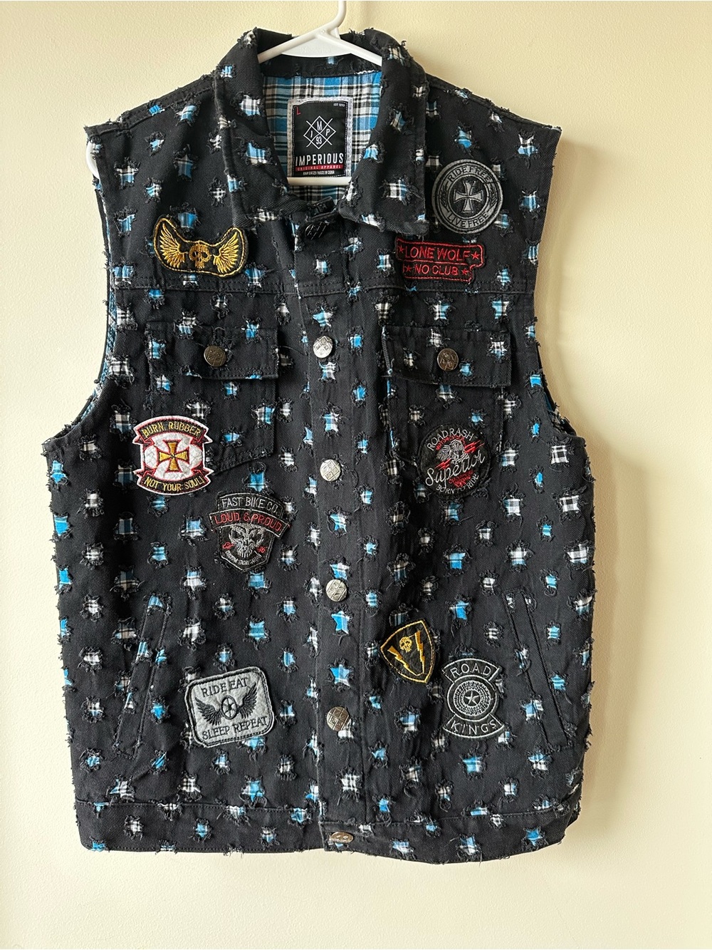 Imperious Men's Distressed Biker Motorcycle Vest with Patches - Size L
